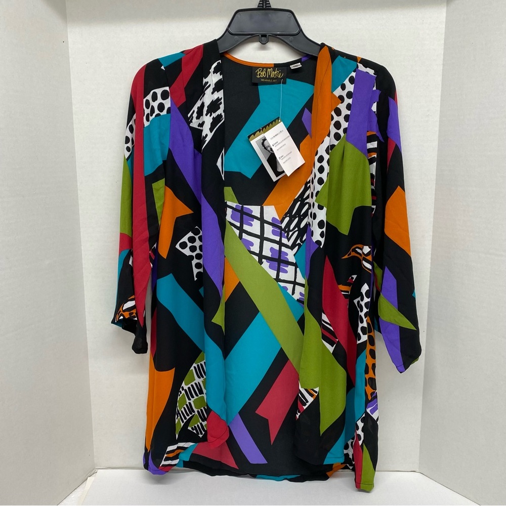Bob Mackie Open Front Cardigan Size XXS Carnival Print Chiffon Wearable Art